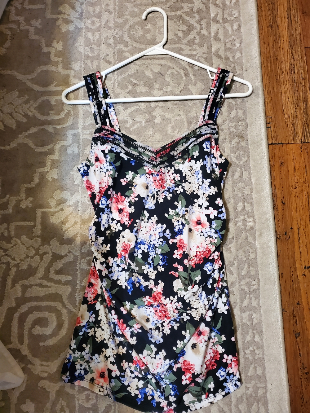 White House Black Market Floral Black Tank with Pink, White & Blue Blooms